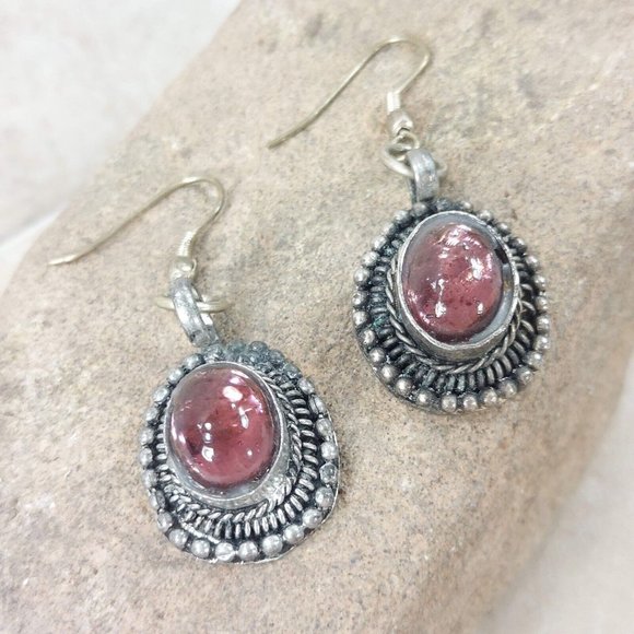 Purple Silver Earrings Oval Dangle Drop Vintage Jewel Trinket Earring Gift F/Her - Picture 1 of 8
